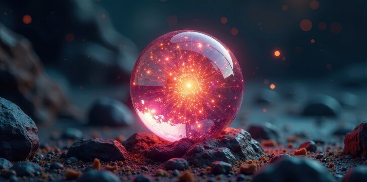 Ancient crystal ball with radiant mystical glow in dark space, ancient, space