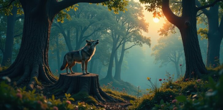 Ancient European-style forest with a lone wolf standing on a tree stump and letting out a haunting howl, tree stump, woodlands