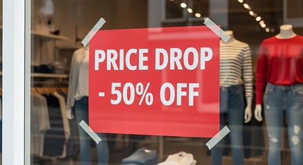 Red Price Drop Sign 50 Percent Off Displayed on Store Window.