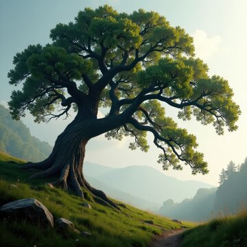 Ancient oak's sprawling branches stretch across misty landscape, oak, mist