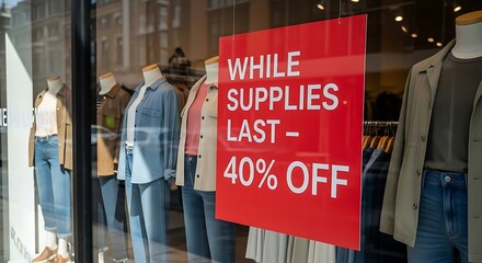 Red Sale Sign in Store Window Offering 40 Off While Supplies Last.