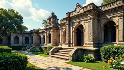 Fototapeta premium Ancient stone structure with intricate carvings and ornate details, overlooking a serene garden, Middle East, architectural