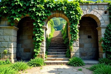 Naklejka premium Ancient stone wall with ivy covered arches and stairs leading down, antique, vintage decor
