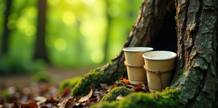 A pair of old paper cups tied with string in a tree trunk, natural fiber, old phone