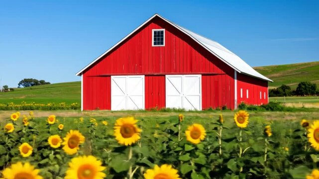 Red barn in sunflower field with blue sky daytime scenery