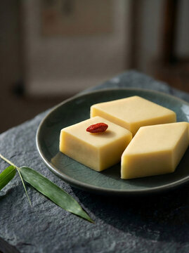 Traditional Chinese dessert Wan Dou Huang (Pea Cake), yellow diamond-shaped cakes on celadon plate, minimalist dark stone background, Beijing snack.