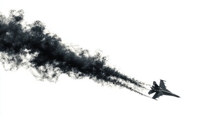 A jet fighter aircraft flies in formation, leaving a black smoke trail on a white background. 