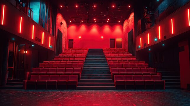 Empty Modern Theater Auditorium with Red Lighting and Tiered Seating