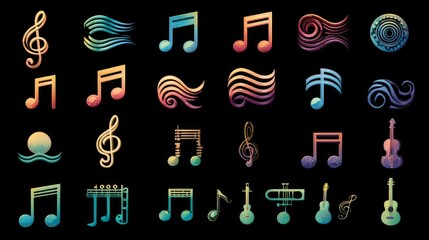 A set of musical note icons, waves, clefs, instruments, and buttons forming a music-themed graphic collection. 