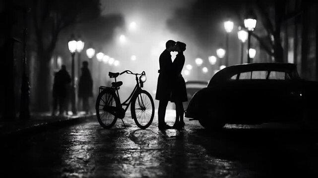 Paris, France, Europe. A monochromatic silhouette of a couple sharing a kiss on a city street at night. The scene is captured in black and white.