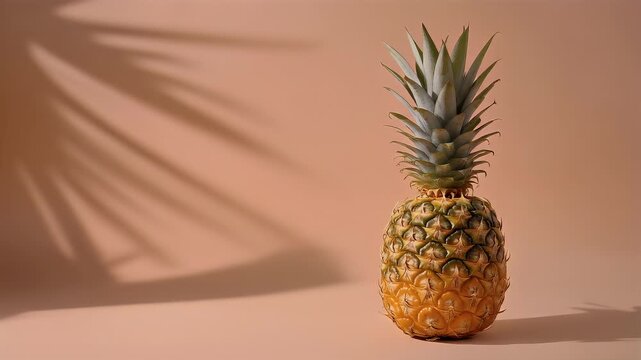 A ripe pineapple stands centered on a warm peach background, with a soft shadow of foliage across the left side. The fruit is vibrant