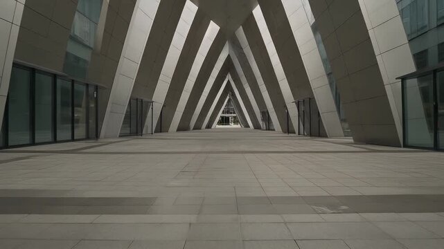 A modern architectural design features a converging perspective of angular beams creating a tunnel-like entry to glass-fronted buildings