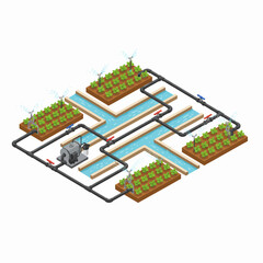 Isometric illustration of a modern farm irrigation system with crops and canals