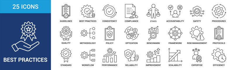 Best Practices icon set. Containing guidelines, consistency, compliance, ethics, accountability, safety, procedures, quality and more. Line vector icons collection.