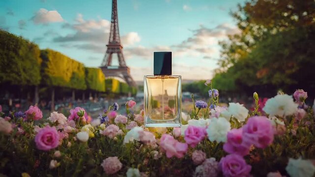 Paris, France, Europe. Aerial view of Eiffel Tower and perfume bottle amidst blooming flowers during sunset in Paris.