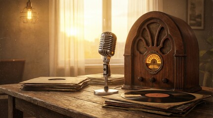 Micrófono vintage y radio de madera antigua sobre una mesa con discos de vinilo, fondo de resplandor dorado y ondas de luz. Escena cálida y nostálgica para el Día de la Radio. © Argiduna