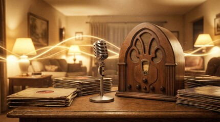 Micr&oacute;fono vintage y radio de madera antigua sobre una mesa con discos de vinilo, fondo de resplandor dorado y ondas de luz. Escena c&aacute;lida y nost&aacute;lgica para el D&iacute;a de la Radio.