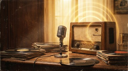 Micr&oacute;fono vintage y radio de madera antigua sobre una mesa con discos de vinilo, fondo de resplandor dorado y ondas de luz. Escena c&aacute;lida y nost&aacute;lgica para el D&iacute;a de la Radio.