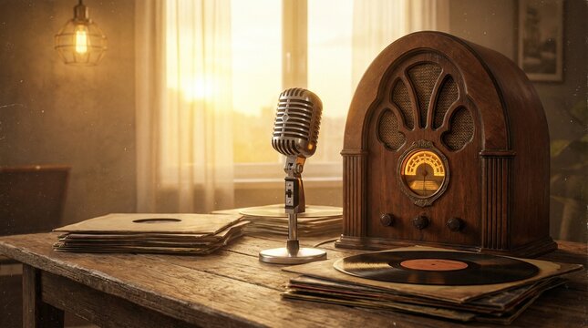 Micr&oacute;fono vintage y radio de madera antigua sobre una mesa con discos de vinilo, fondo de resplandor dorado y ondas de luz. Escena c&aacute;lida y nost&aacute;lgica para el D&iacute;a de la Radio.