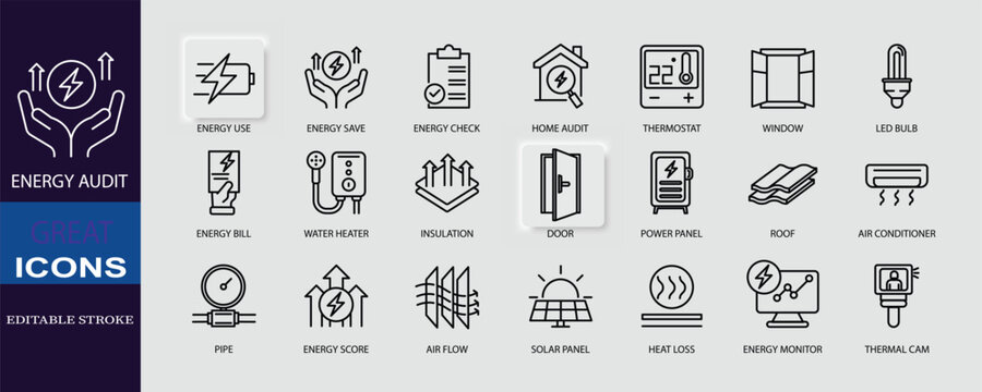 Energy Audit icon set in clean line style, designed for energy efficiency, sustainability, and eco home projects. Perfect for web, app UI, infographics, presentations, reports, smart home systems