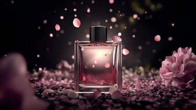 A closeup of a perfume bottle with a pinkish liquid inside. The bottle is rectangular with a black cap and a transparent body. The liquid inside is a light pink color.