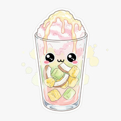Kawaii dessert drink with shaved ice toppings and a cute face or es teler bandung