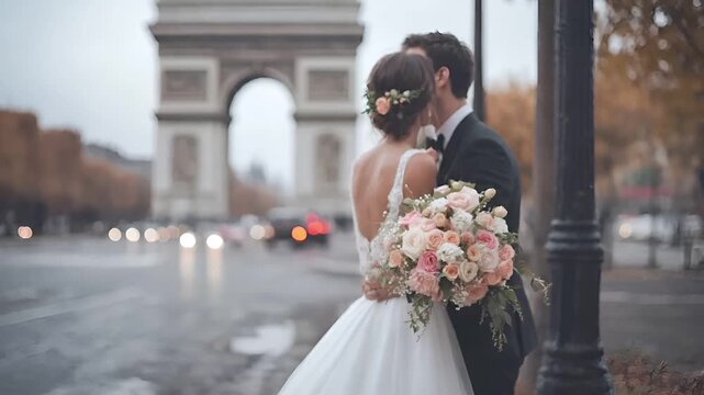 Paris, France, Europe. A wedding couple sharing a tender moment in front of the Arc de Triomphe in Paris, France. The bride and groom are captured in a close embrace.