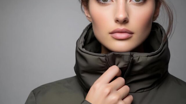 Woman zipping up jacket in cold weather closeup sequence