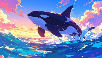 Cartoon killer whale leaps from vibrant, stylized waves under a colorful sunset sky