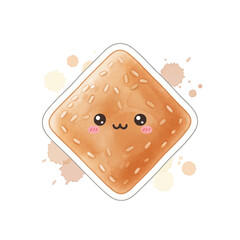 Kawaii square sesame mochi with watercolor splatters