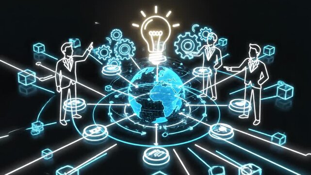 Global collaboration and innovation network around earth with glowing connections.