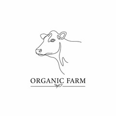 Minimalist black line art of a cow head text ORGANIC FARM below with leaf detail