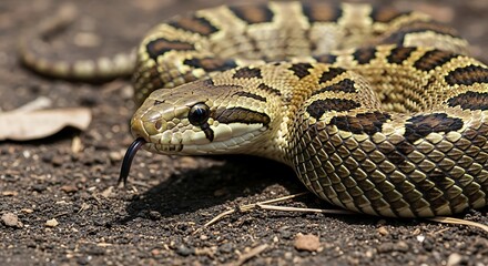 Fototapeta premium Close-up of a venomous snake with its tongue out, ready to strike.