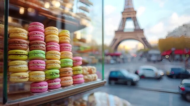 Paris, France, Europe. A closeup shot of a window display of colorful macarons, with the Eiffel Tower in the background. The scene is set on a city street with a blurred background.