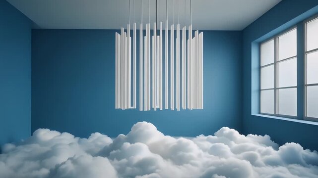 A serene interior scene features a room filled with fluffy clouds. A modern light fixture hangs, and light streams through a window. The blue walls complement the ethereal atmosphere
