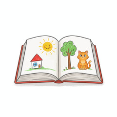 Open storybook with a colorful drawing of a house sun tree and cat