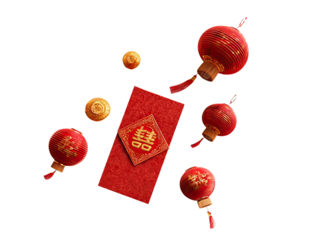 Surreal floating top-down arrangement of red envelopes and gold ingots symbolizing Lunar New Year prosperity on a clean white background - Powered by Adobe