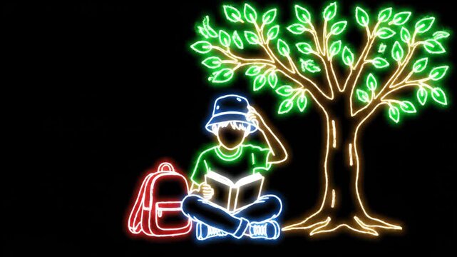 Neon Night Reading Reader Beside Tree With Backpack.