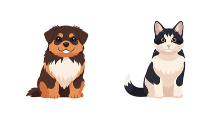 Fototapeta premium Illustration of a brown dog and black and white cat sitting side by side on a plain white background.