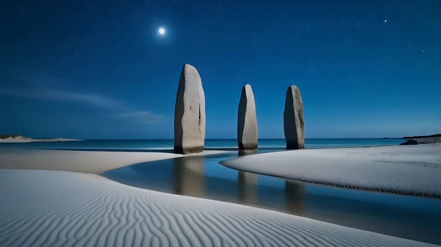A serene moonlit coastal scene with three monolithic stone structures rising from a sandy beach, reflecting in a serene waterway
