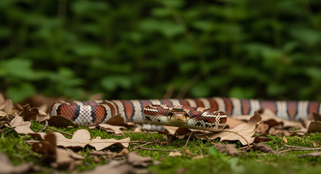 Close-up of a Milk Snake resting on moss and dry leaves in a for
