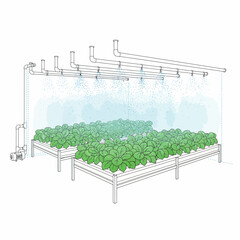 Overhead misting system irrigating lush green plants on raised beds