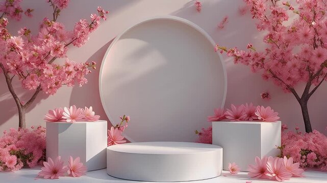 A serene pink-toned composition of floral displays around geometric shapes. Soft shadows, a large circular backdrop, & various elements create a visually appealing, delicate spring aesthetic