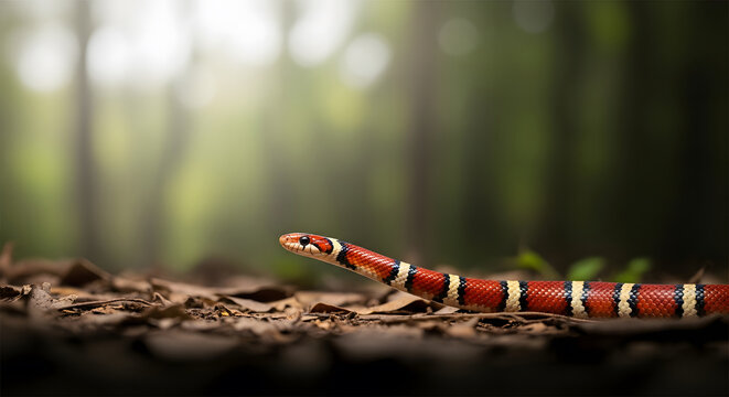Milk Snake Crawling on Forest Floor in Natural Habitat with Boke
