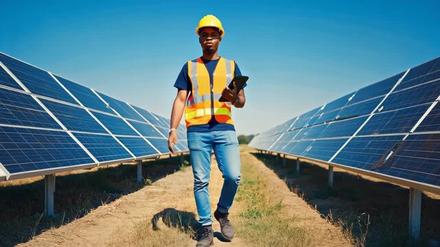 Solar engineer inspecting panels at renewable energy farm site