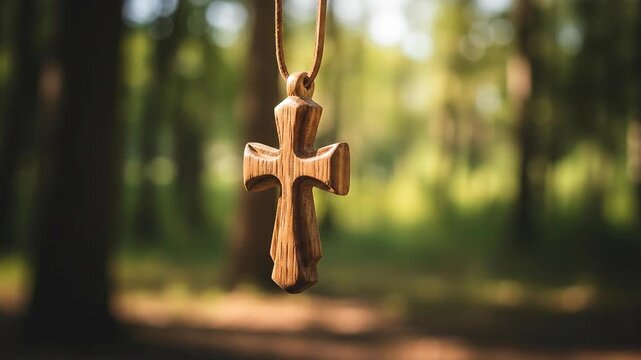 A beautifully crafted wooden cross pendant hanging in a serene forest.
