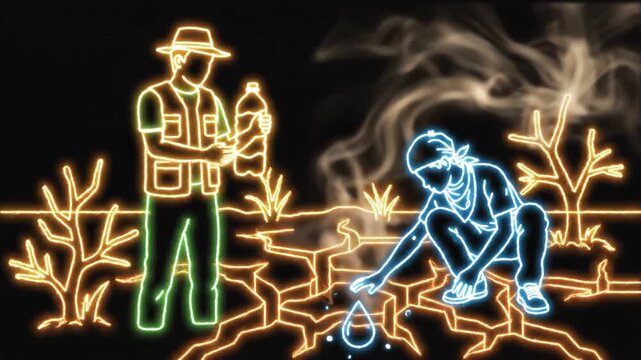Night Neon Garden Work Scene with Farmers.