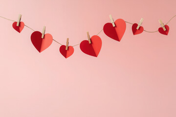 Paper valentines day hearts on pink 
