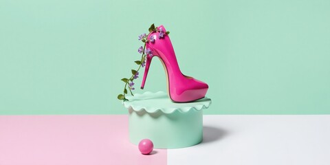 a pink high heel shoe sitting on top of a pink box