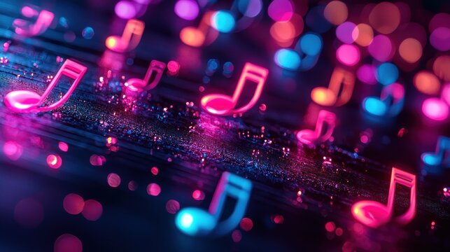 Neon Music Notes on Dark Background with Bright Bokeh Lights in Vibrant Pink and Blue Colors